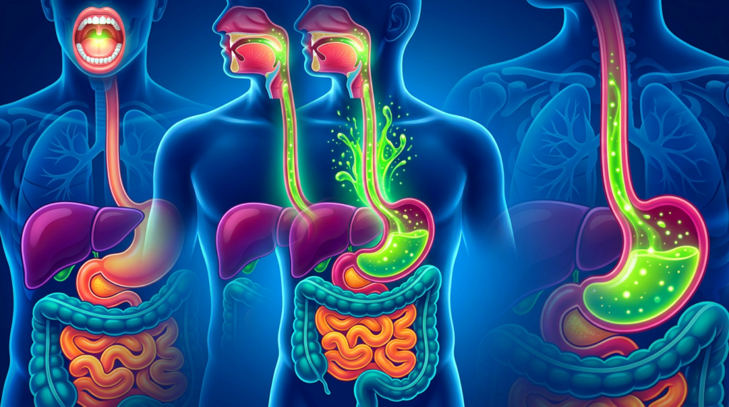 Diagram of human digestive system highlighting mouth, esophagus, stomach, liver, small intestine, large intestine, and acid reflux and how it effects to bad breath