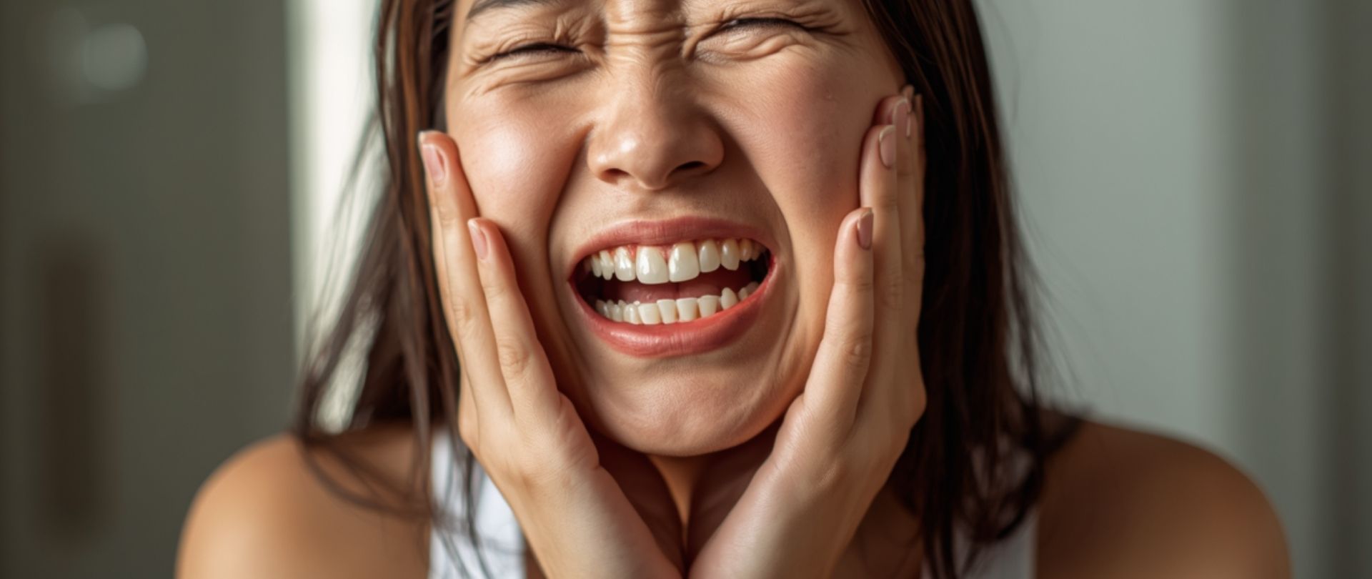 An image of woman holding her jaw because her tooth hurts when she bites