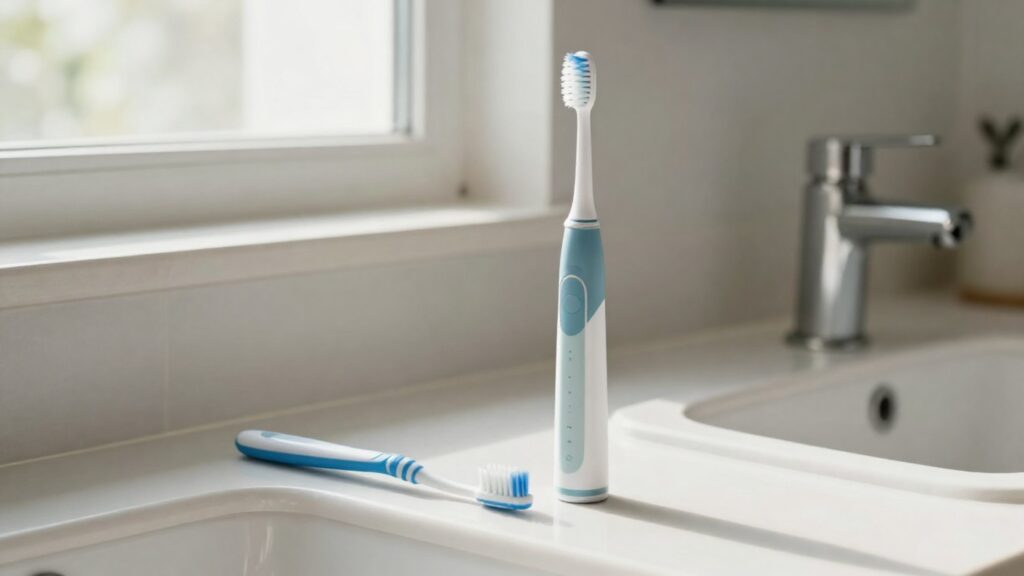 A bathroom counter top with a manual toothbrush and an electric toothbrush