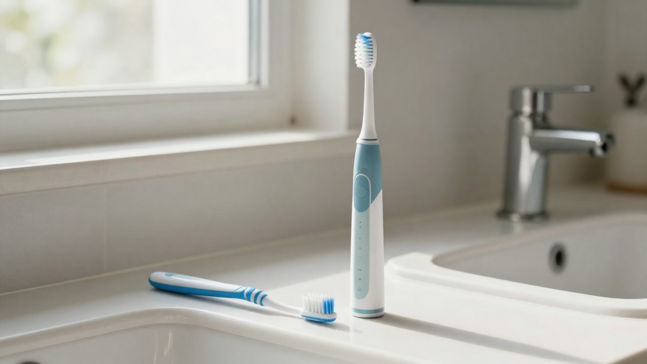 A bathroom counter top with a manual toothbrush and an electric toothbrush