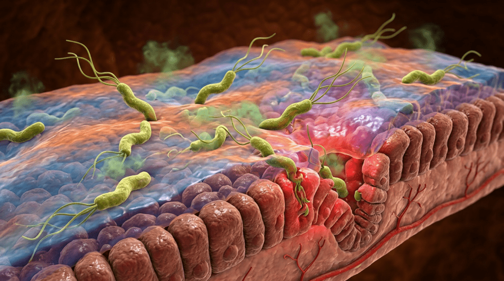Helicobacter pylori bacteria attached to inflamed stomach lining cells