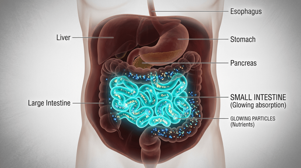 Human digestive system highlighting the small intestine absorbing glowing nutrients