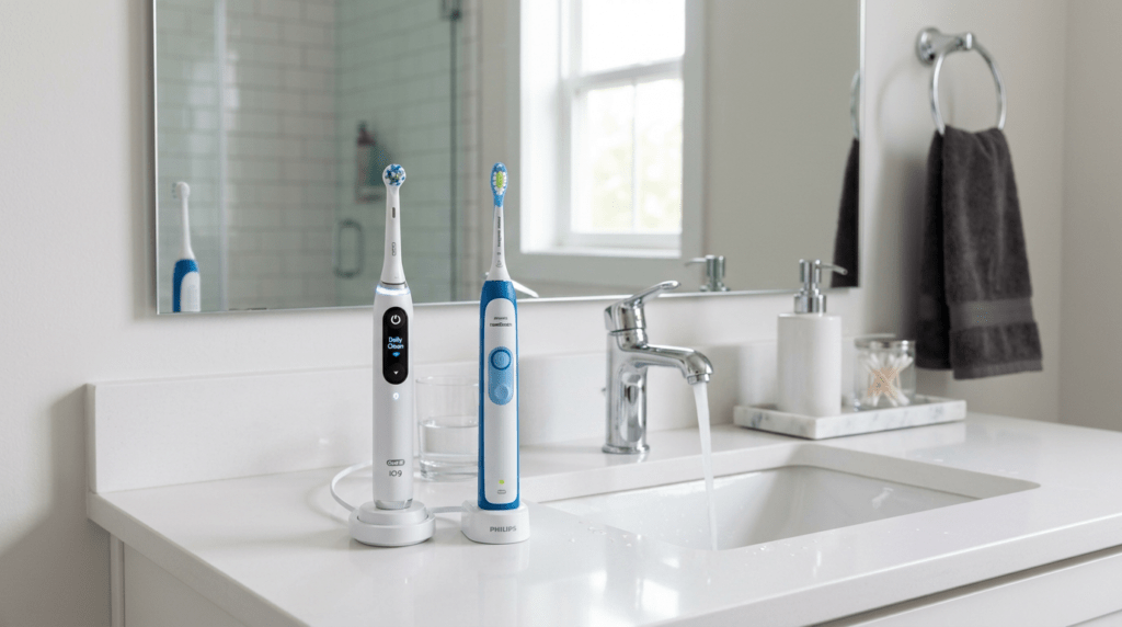 Two electric toothbrushes on a bathroom counter next to a running faucet and a soap dispenser