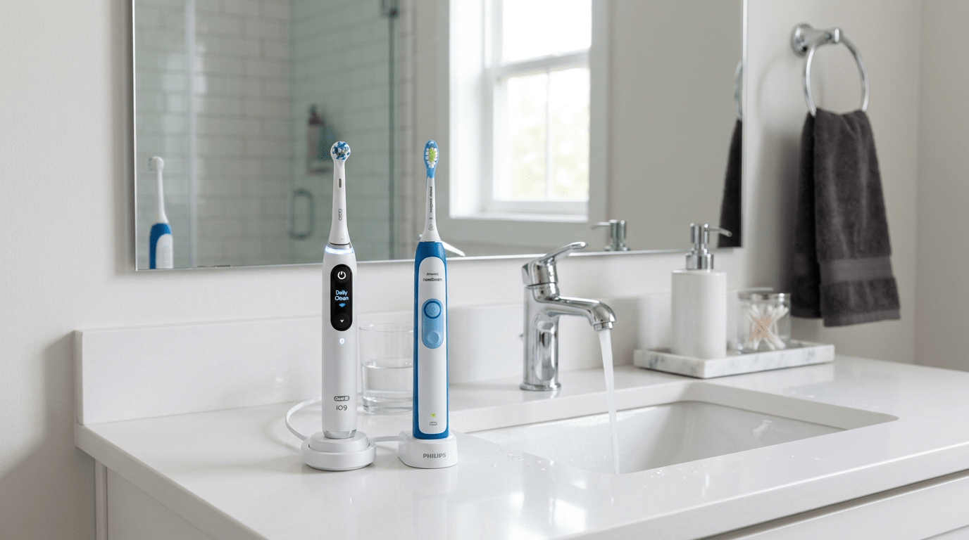 Two electric toothbrushes on a bathroom counter next to a running faucet and a soap dispenser