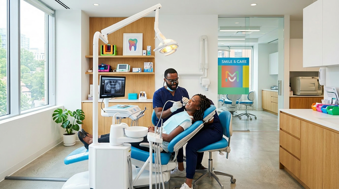 Dentist examining a woman patient in a dental chair with dental equipment and x-ray monitor