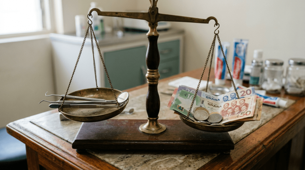 An antique balance scale with medical tools on one side and Ghanaian banknotes and coins on the other, depicting dentist cost in Accra
