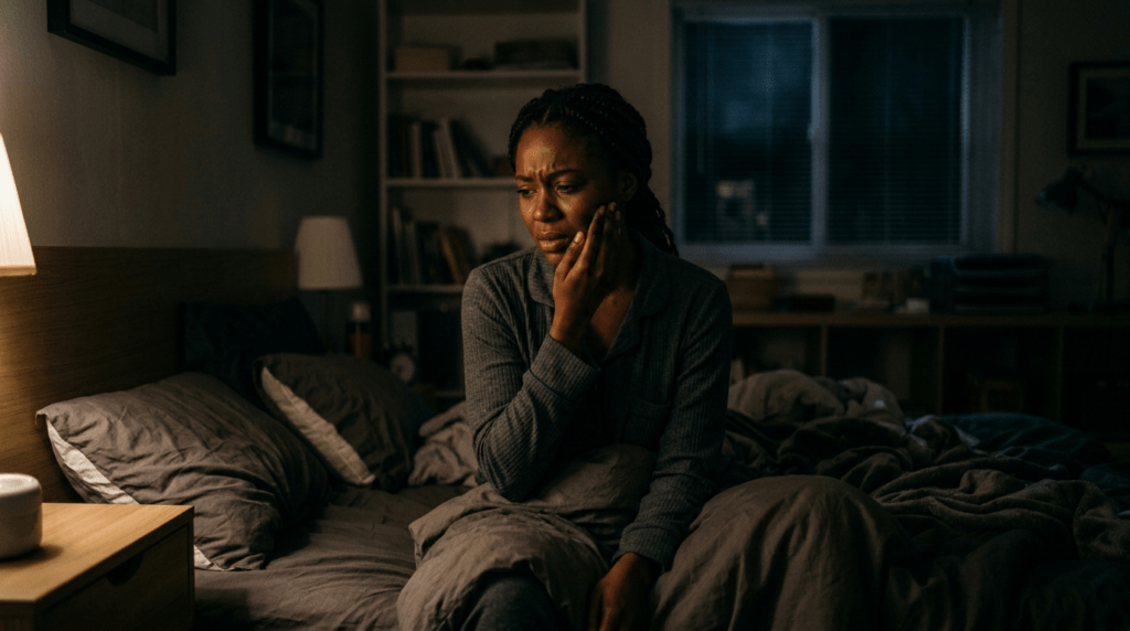 Woman sitting in bed at night, holding her cheek in pain