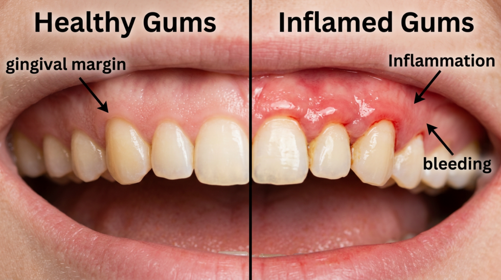 An image showing healthy gums and bleeding gums