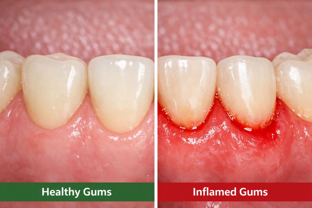 Close-up comparison of healthy gums versus inflamed gums with redness and swelling