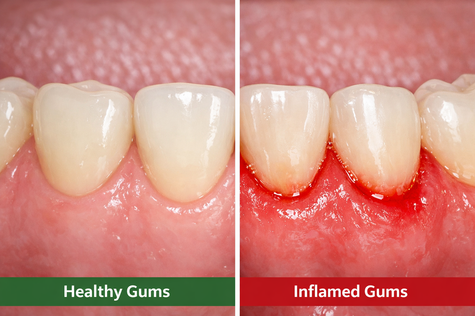 Close-up comparison of healthy gums versus inflamed gums with redness and swelling