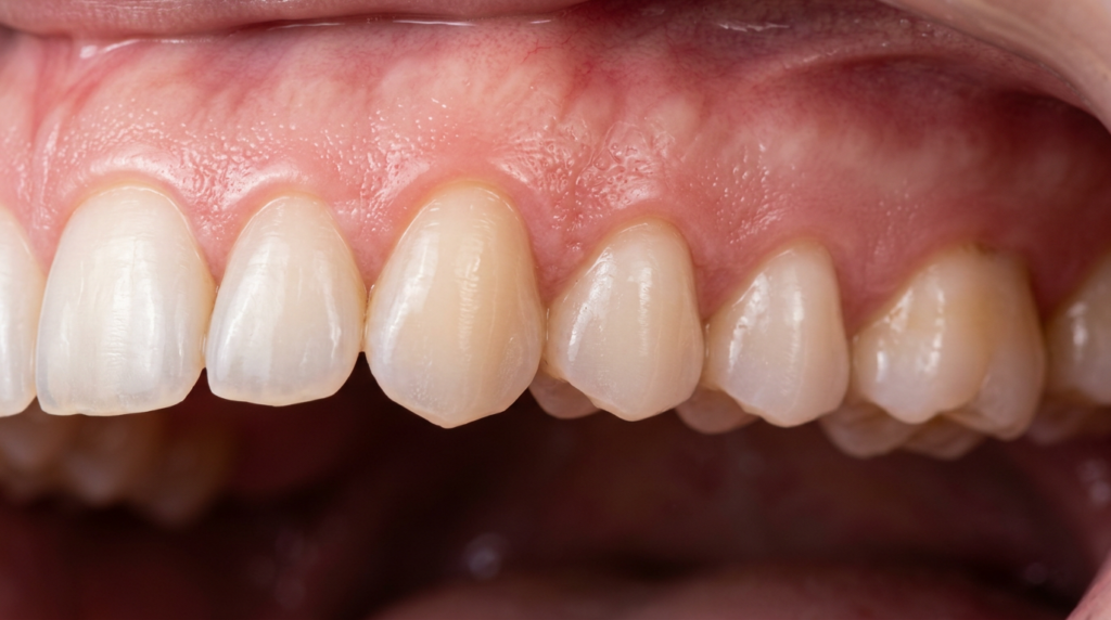 Upper front teeth and pink gums in close-up view