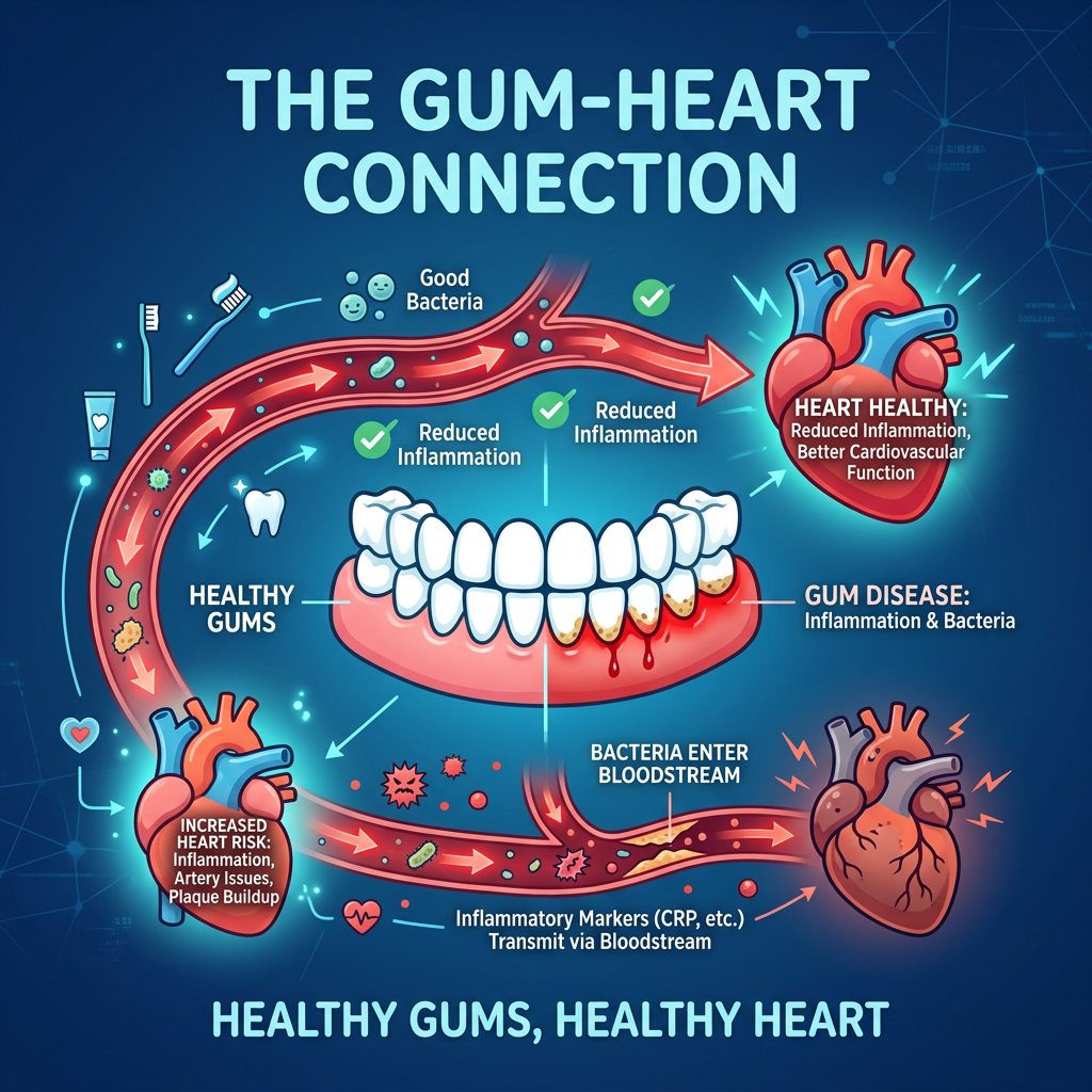 Diagram showing the connection between gum health and heart health through inflammation and bacteria control