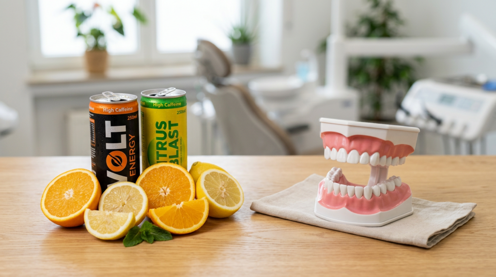VOLT Energy and Citrus Blast cans labeled High Caffeine beside citrus slices and dental model
