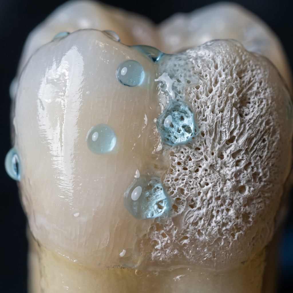 Close-up of a tooth with smooth enamel and porous decay