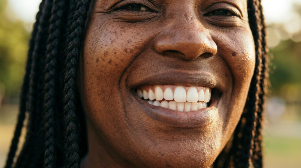 Close-up of a smiling woman showing bright, healthy-looking teeth