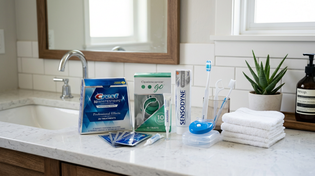 Bathroom counter with teeth whitening products, oral care supplies, towels, and aloe plant