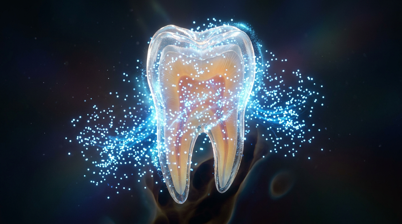 Glowing tooth surrounded by blue particles on a dark background