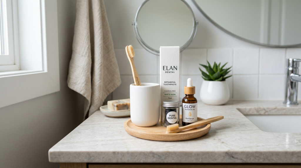 Natural oral care products, toothbrushes, toothpaste, and oil on a bathroom counter