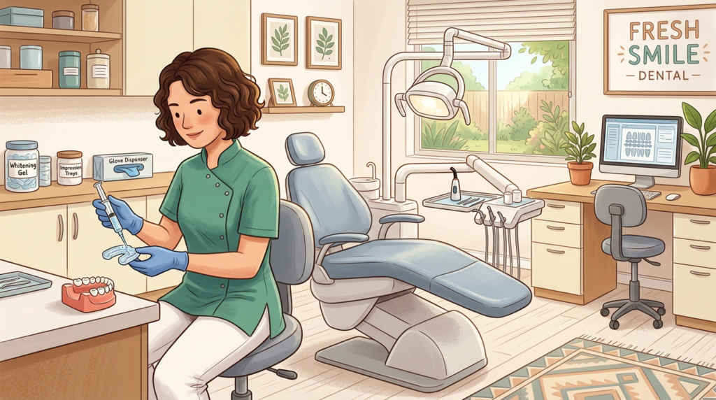 Dental professional with syringe and dental model in clinic labeled Fresh Smile Dental