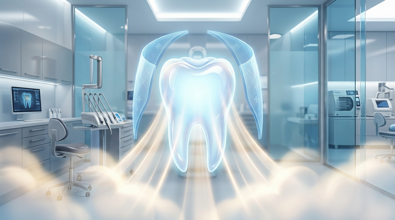 Glowing tooth surrounded by translucent dental shields in a clinic