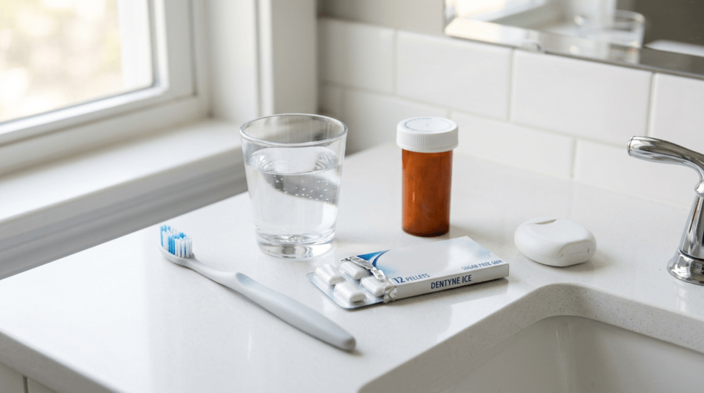 Toothbrush, glass of water, medicine bottle, and Dentyne Ice sugar-free gum on bathroom counter