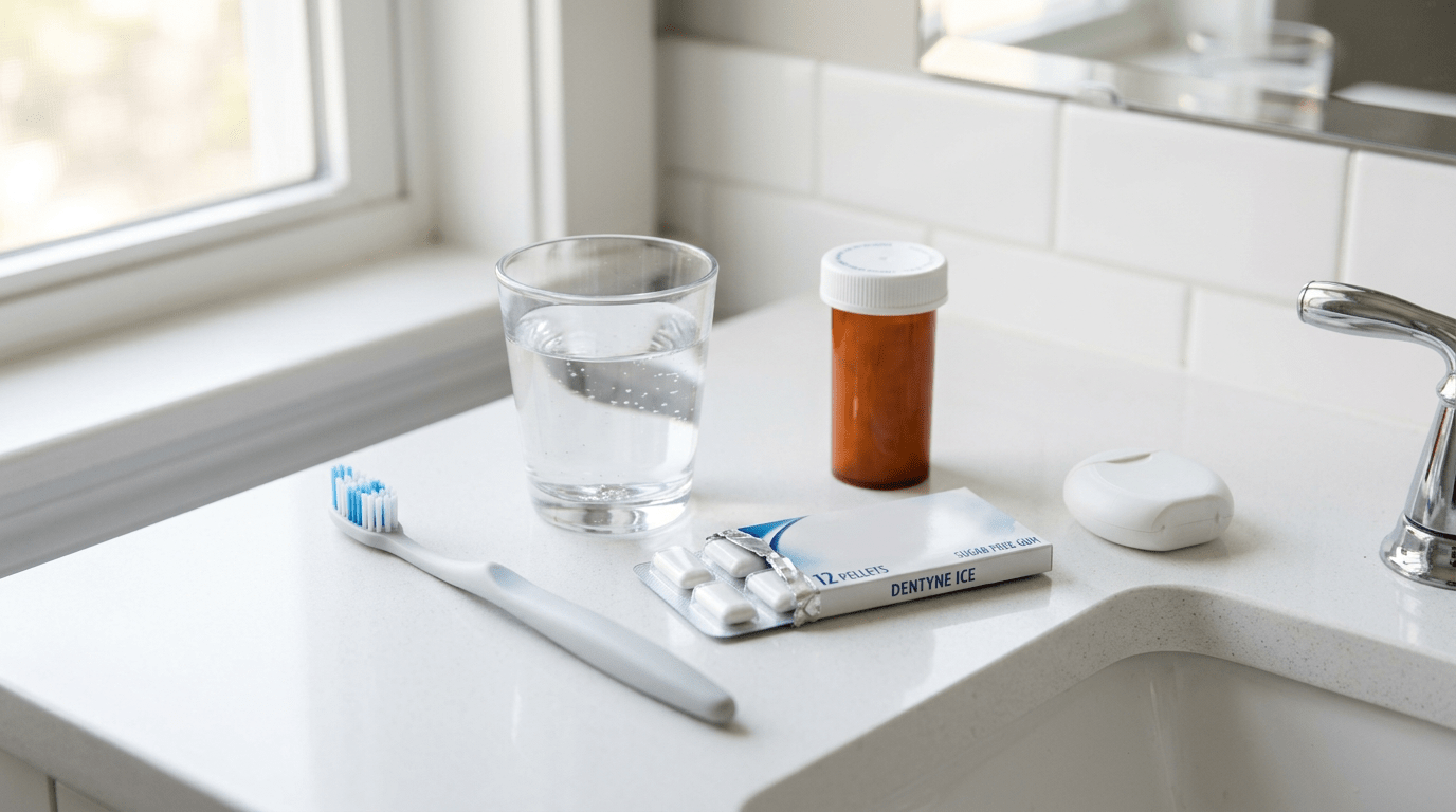 Toothbrush, glass of water, medicine bottle, and Dentyne Ice sugar-free gum on bathroom counter