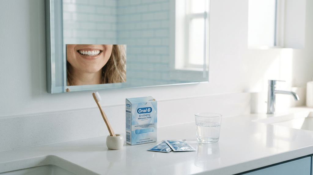 Oral-B whitening strips, toothbrush, and water glass on bathroom counter