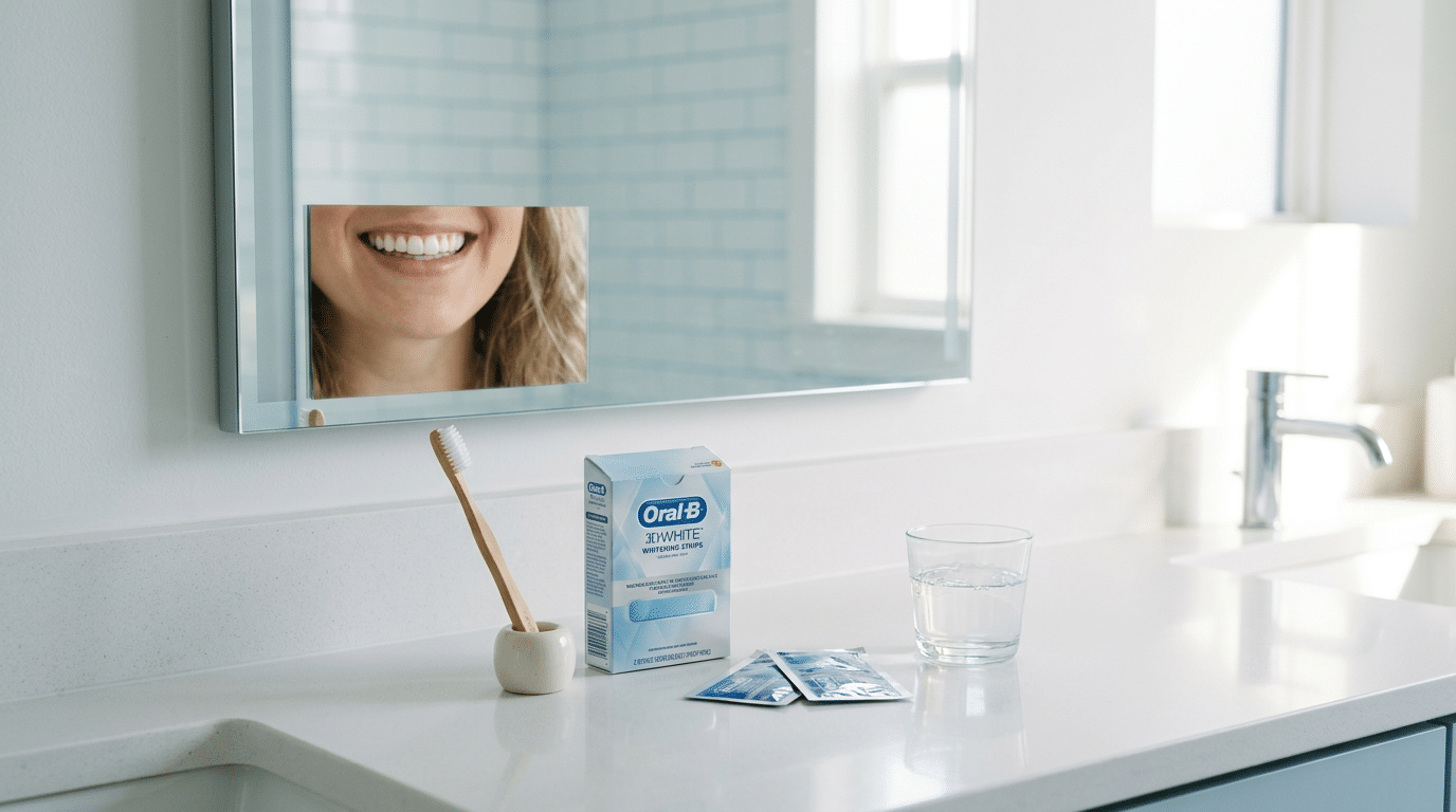 Oral-B whitening strips, toothbrush, and water glass on bathroom counter