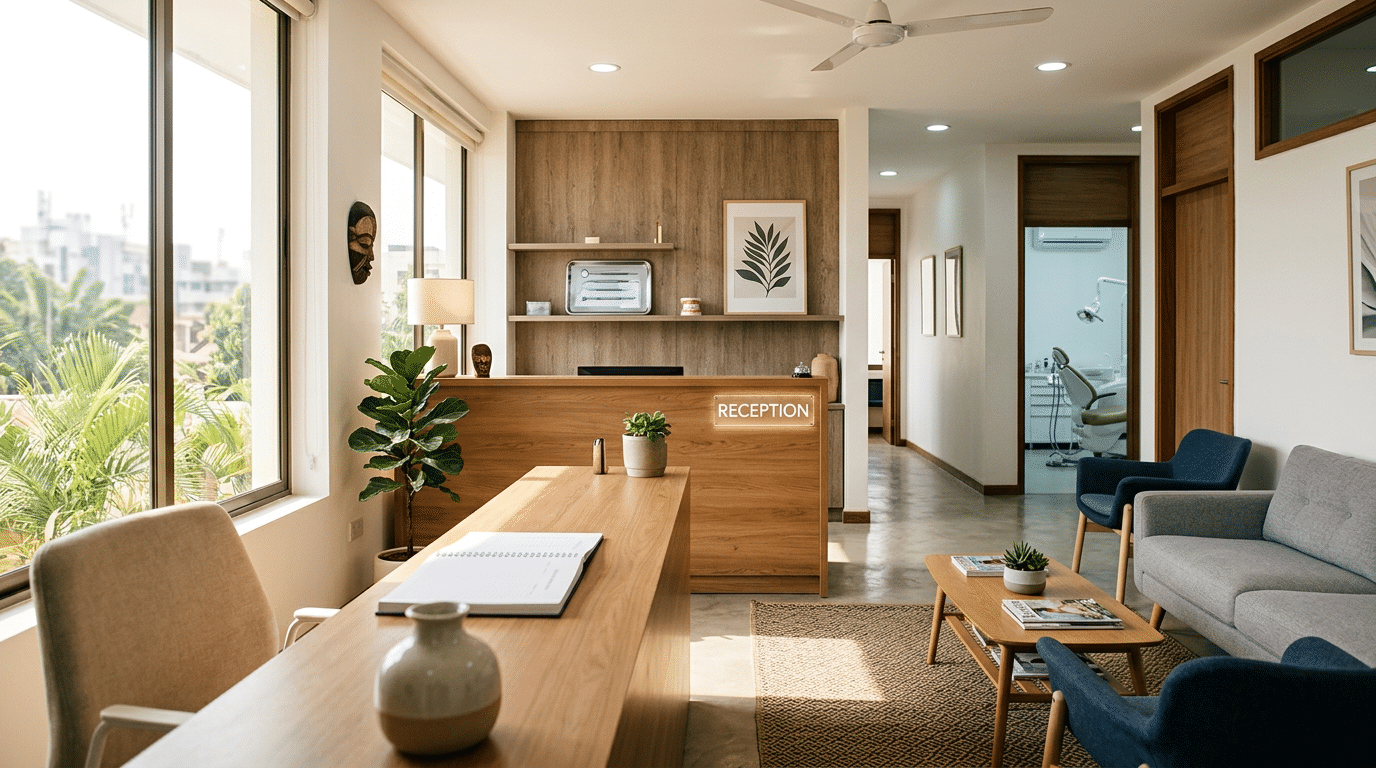 Modern clinic reception area with wooden desk, seating, plants, and treatment room