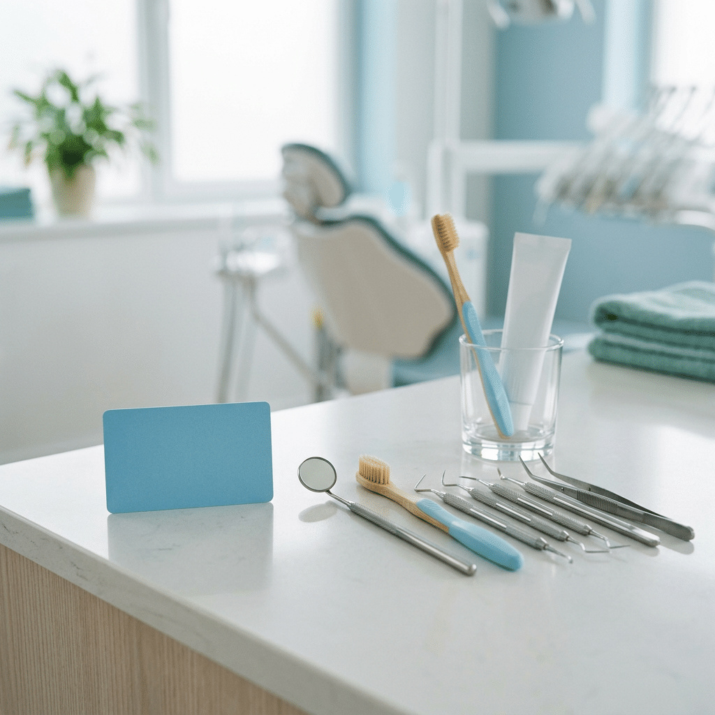 A dental surgery with showing examination instruments on a table