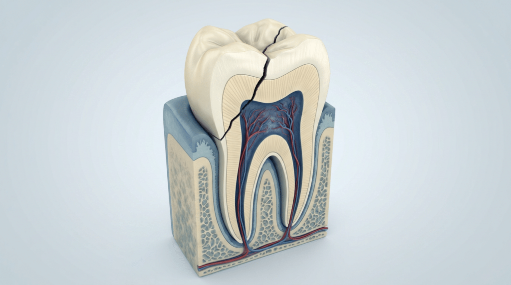 Cross-section of a cracked tooth showing enamel, dentin, pulp, nerves, and jawbone