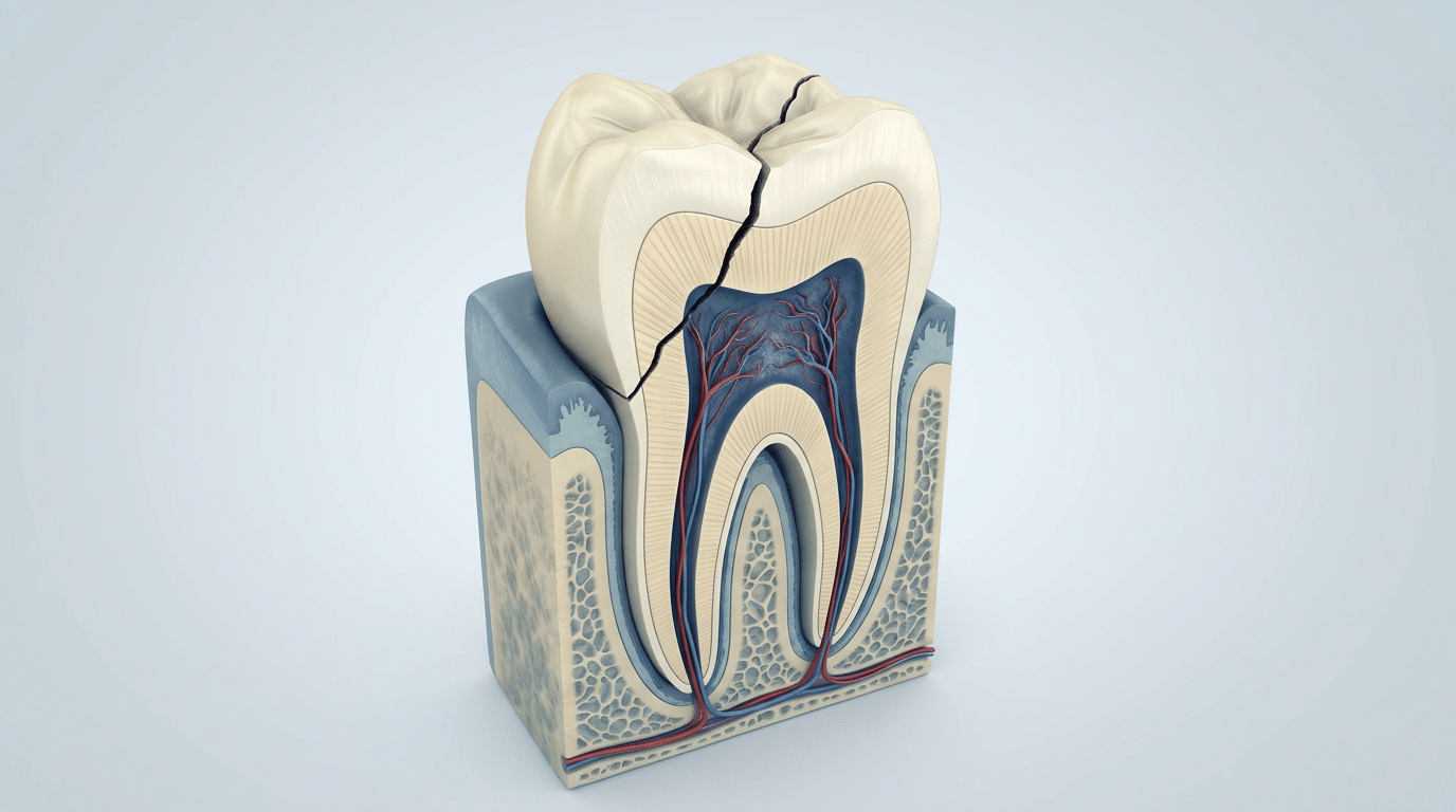 Cross-section of a cracked tooth showing enamel, dentin, pulp, nerves, and jawbone